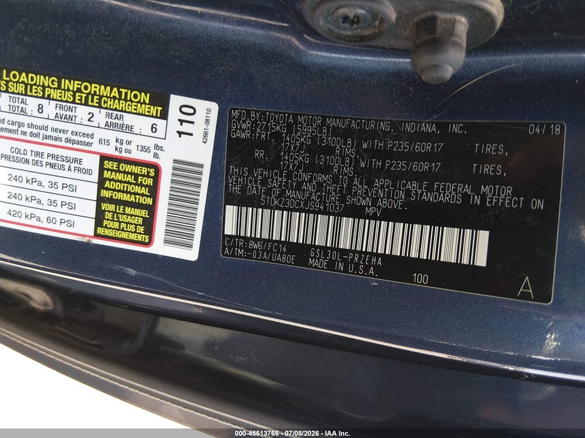 2018 Toyota Sienna VIN 5TDKZ3DCXJS941037 IAAI salvage auction — RIGHT FRONT, Salvage Title, sold $1,925 on 2026-07-29 (photo 9)