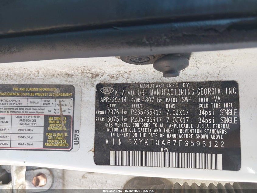 2015 Kia Sorento VIN 5XYKT3A67FG593122 IAAI salvage auction — RIGHT FRONT, Clear (Massachusetts), sold $475 on 2026-07-11 (photo 9)