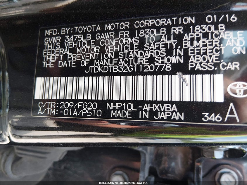2016 Toyota Prius c VIN JTDKDTB32G1120778 IAAI salvage auction — FRONT END, Clear (Wisconsin), sold $700 on 2026-07-29 (photo 9)