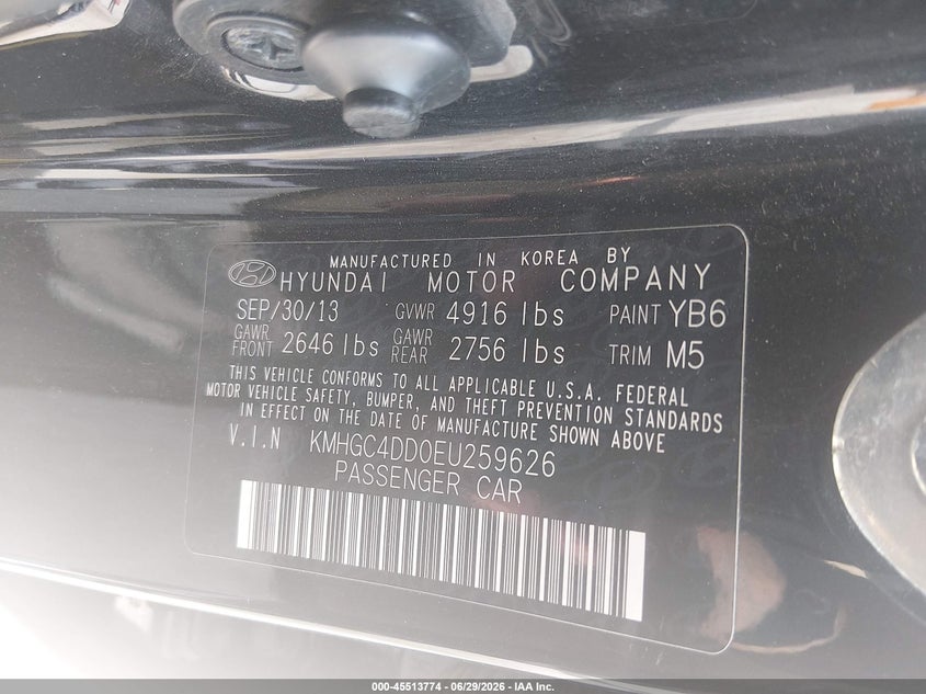 2014 Hyundai Genesis VIN KMHGC4DD0EU259626 IAAI salvage auction — SIDE, Permit To Sell (Louisiana), sold $625 on 2026-07-29 (photo 9)