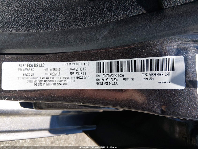 2015 Chrysler 200 VIN 1C3CCCAB7FN705366 IAAI salvage auction — SIDE, Salvage (South Carolina), sold $1,000 on 2026-09-02 (photo 9)