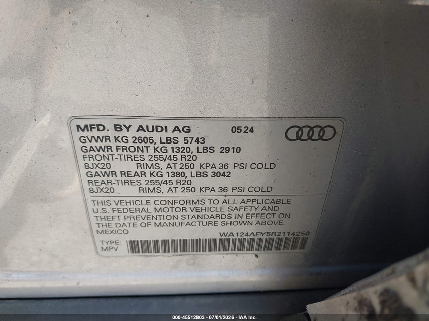 2024 Audi Sq5 sportback VIN WA124AFY5R2114250 IAAI salvage auction — LEFT SIDE, Mv-907A (New York), sold $17,500 on 2026-08-17 (photo 9)