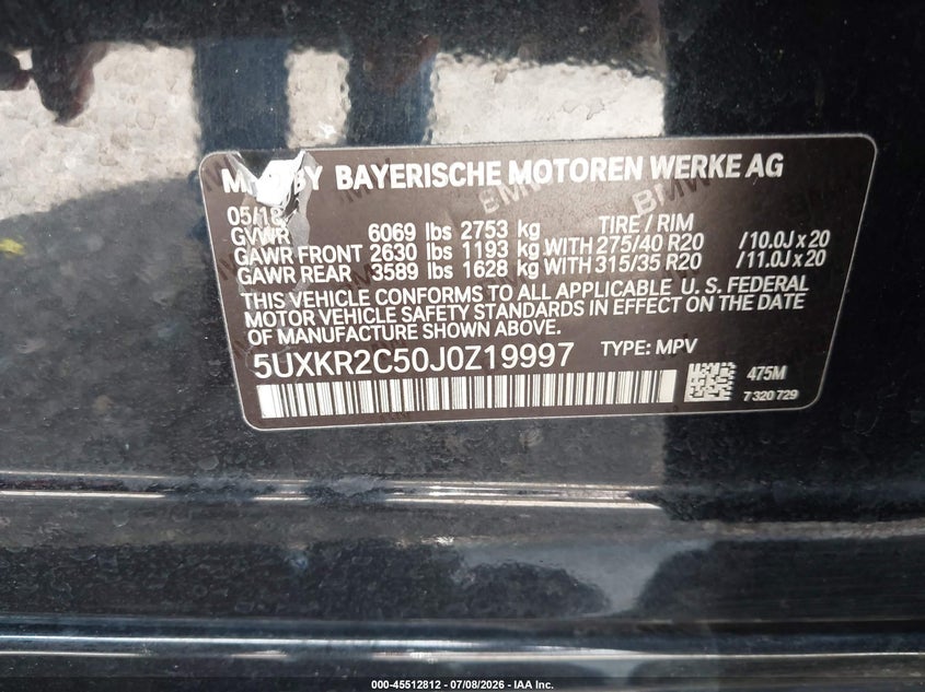 2018 BMW X5 VIN 5UXKR2C50J0Z19997 IAAI salvage auction — FRONT END, Salvage Title, sold $4,100 on 2026-07-29 (photo 9)