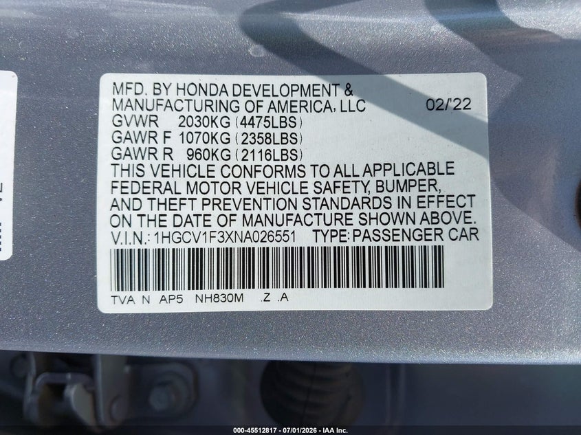 2022 Honda Accord VIN 1HGCV1F3XNA026551 IAAI salvage auction — FRONT END, Rebuildable (Florida), sold $4,650 on 2026-07-25 (photo 9)