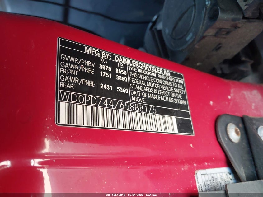 2006 Dodge Sprinter VIN WD0PD744765888175 IAAI salvage auction — MECHANICAL, Salvage (Pennsylvania), sold $375 on 2026-07-24 (photo 9)