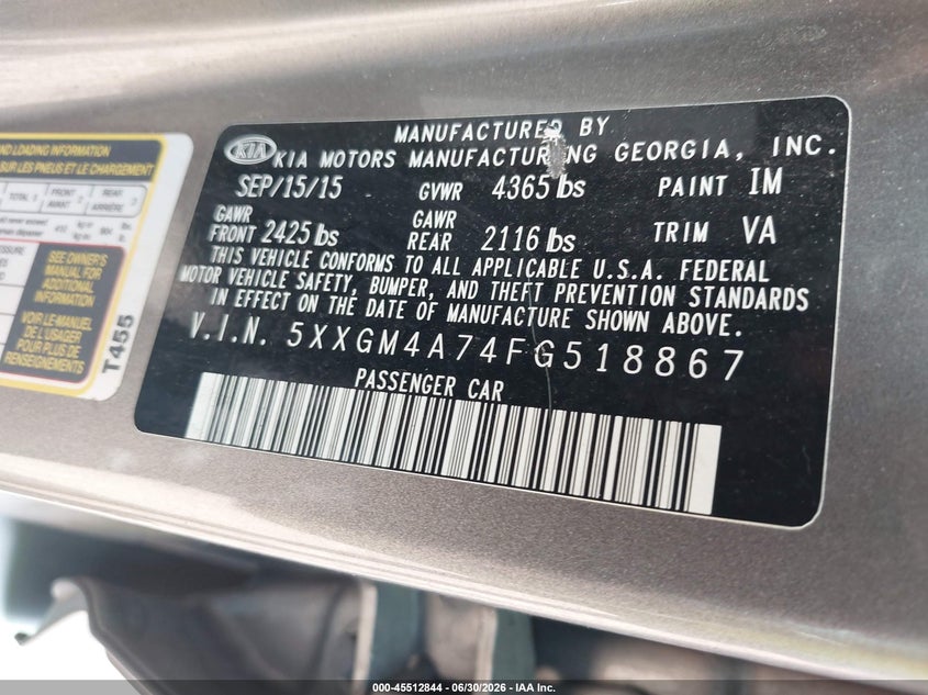 2015 Kia Optima VIN 5XXGM4A74FG518867 IAAI salvage auction — NORMAL WEAR, Original (Ohio), sold $425 on 2026-07-30 (photo 9)