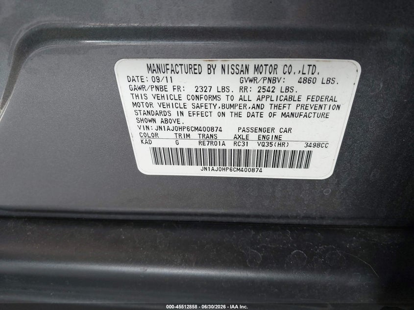 2012 Infiniti Ex VIN JN1AJ0HP6CM400874 IAAI salvage auction — FRONT END, Rebuildable (Florida), sold $25 on 2026-07-29 (photo 9)
