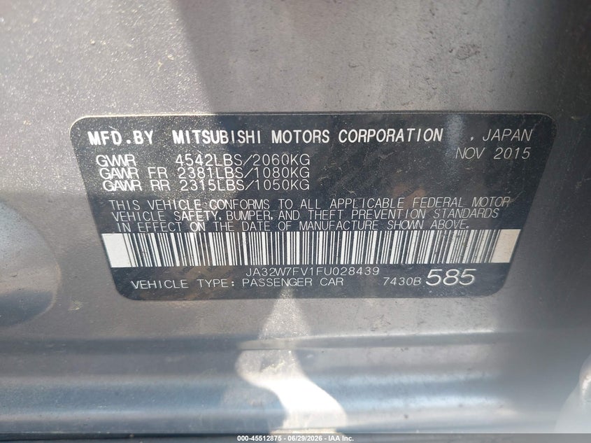 2015 Mitsubishi Lancer evolution VIN JA32W7FV1FU028439 IAAI salvage auction — NORMAL WEAR, Clear (New York), sold $13,100 on 2026-07-07 (photo 9)