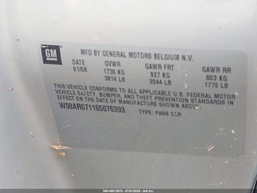 2008 Saturn Astra VIN W08AR671185076393 IAAI salvage auction — NORMAL WEAR, Clear (Tennessee), sold $175 on 2026-07-07 (photo 9)