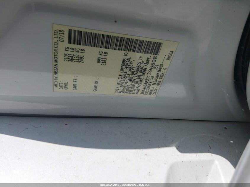 2018 Nissan Maxima VIN 1N4AA6AP3JC396608 IAAI salvage auction — FRONT END, Salvage (Louisiana), sold $2,600 on 2026-08-01 (photo 9)
