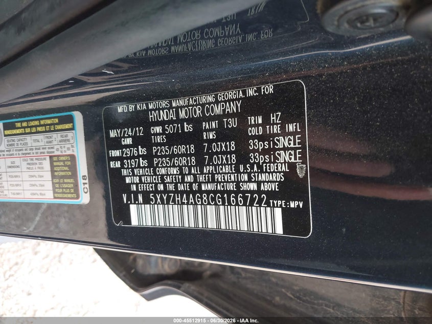 2012 Hyundai Santa fe VIN 5XYZH4AG8CG166722 IAAI salvage auction — NORMAL WEAR, Original (Texas), sold $475 on 2026-07-29 (photo 9)