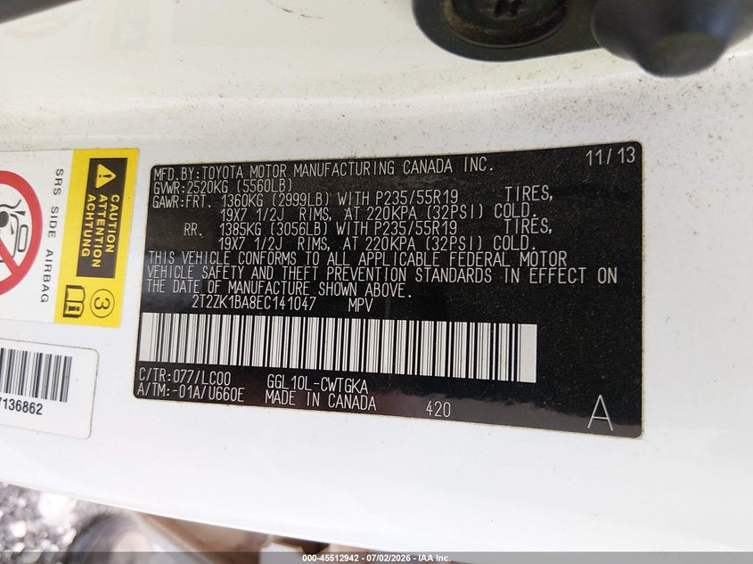 2014 Lexus Rx VIN 2T2ZK1BA8EC141047 IAAI salvage auction — FRONT END, Clear (Arkansas), sold $5,300 on 2026-07-29 (photo 9)
