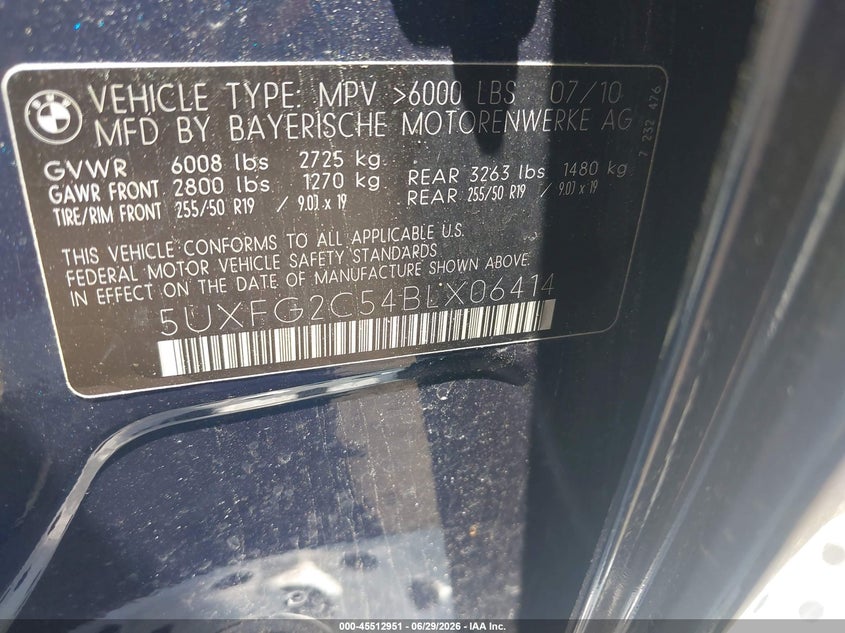 2011 BMW X6 VIN 5UXFG2C54BLX06414 IAAI salvage auction — NORMAL WEAR, Clear (New York), sold $200 on 2026-07-12 (photo 9)