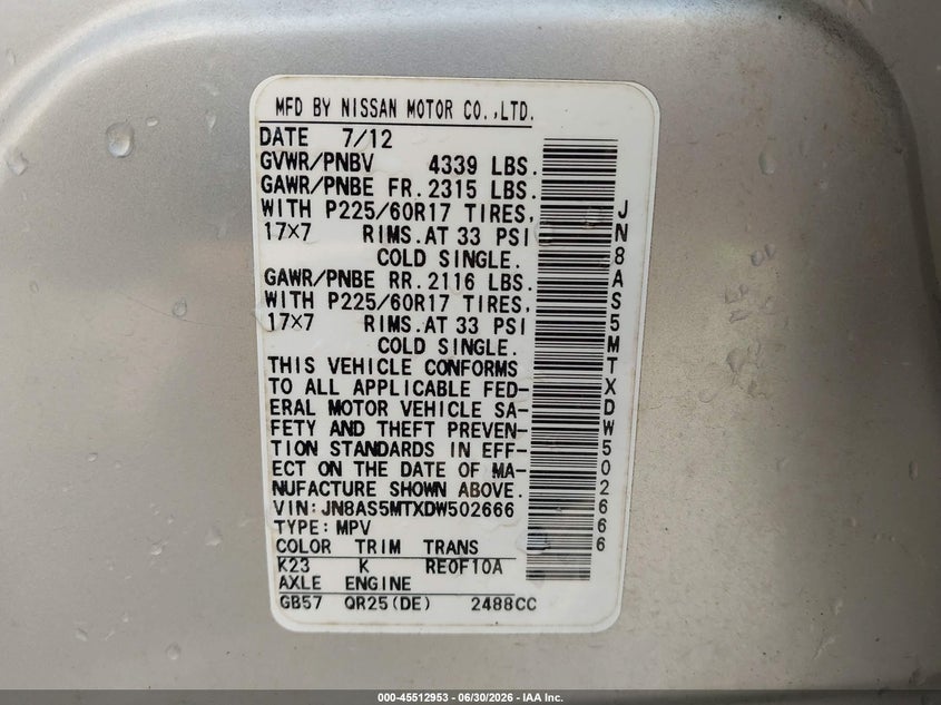 2013 Nissan Rogue VIN JN8AS5MTXDW502666 IAAI salvage auction — RIGHT SIDE, Salvage (Ohio), sold $200 on 2026-07-23 (photo 9)