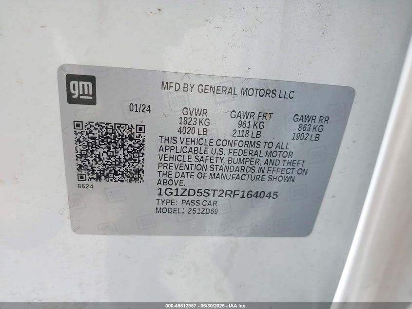 2024 Chevrolet Malibu VIN 1G1ZD5ST2RF164045 IAAI salvage auction — LEFT FRONT, Salvage Title, sold $7,900 on 2026-07-15 (photo 9)