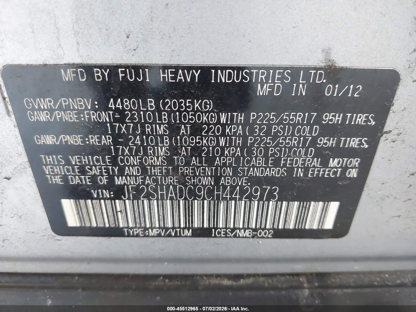 2012 Subaru Forester VIN JF2SHADC9CH442973 IAAI salvage auction — SIDE, Mv-907A (New York), sold $400 on 2026-07-15 (photo 9)