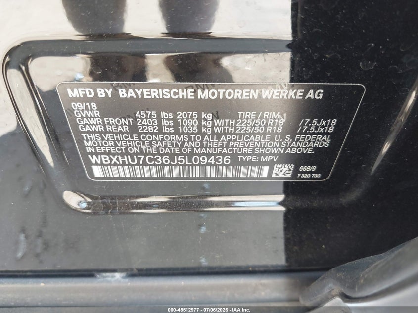 2018 BMW X1 VIN WBXHU7C36J5L09436 IAAI salvage auction — FRONT END, Salvage Title, sold $1,650 on 2026-07-28 (photo 9)