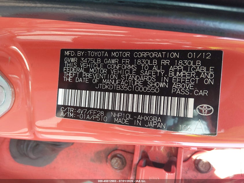 2012 Toyota Prius c VIN JTDKDTB35C1000550 IAAI salvage auction — NORMAL WEAR, Clear (Connecticut), sold $1,375 on 2026-07-09 (photo 9)
