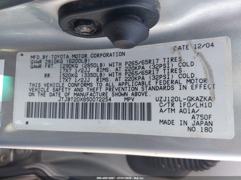 2005 Lexus Gx 470 VIN JTJBT20X850072254 IAAI salvage auction — NORMAL WEAR, Clear (Massachusetts), sold $2,600 on 2026-07-16 (photo 9)
