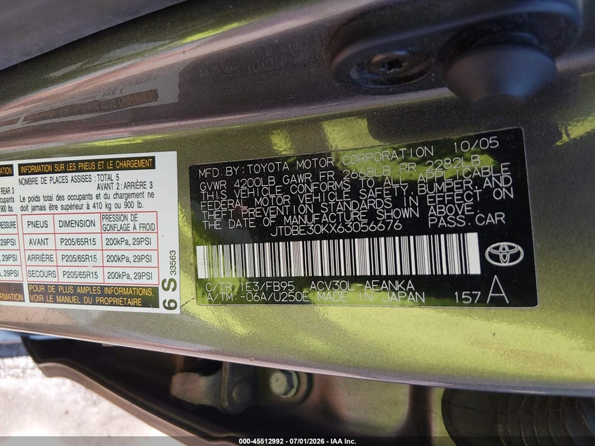 2006 Toyota Camry VIN JTDBE30KX63056676 IAAI salvage auction — FRONT END, Salvage - Greater Than 75% (Maryland), sold $600 on 2026-07-30 (photo 9)