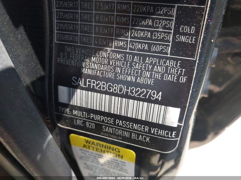 2013 Land rover Lr2 VIN SALFR2BG8DH322794 IAAI salvage auction — NORMAL WEAR, Clear-Dealer Only (North Carolina), sold $450 on 2026-07-29 (photo 9)