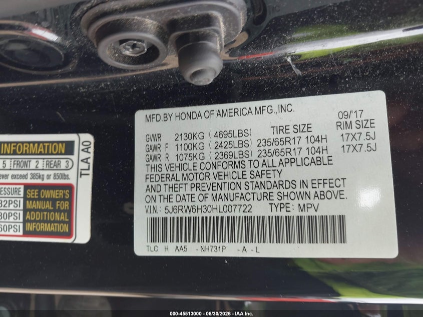 2017 Honda Cr-v VIN 5J6RW6H30HL007722 IAAI salvage auction — RIGHT FRONT, Salvage (Illinois), sold $6,100 on 2026-08-01 (photo 9)