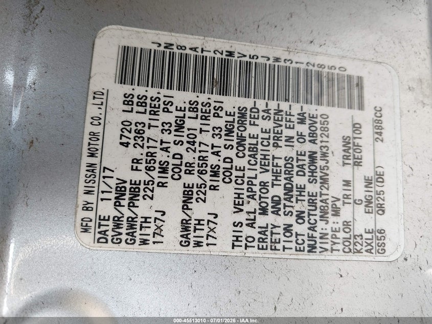 2018 Nissan Rogue VIN JN8AT2MV5JW312850 IAAI salvage auction — SIDE, Salvage Title, sold $2,350 on 2026-07-28 (photo 9)