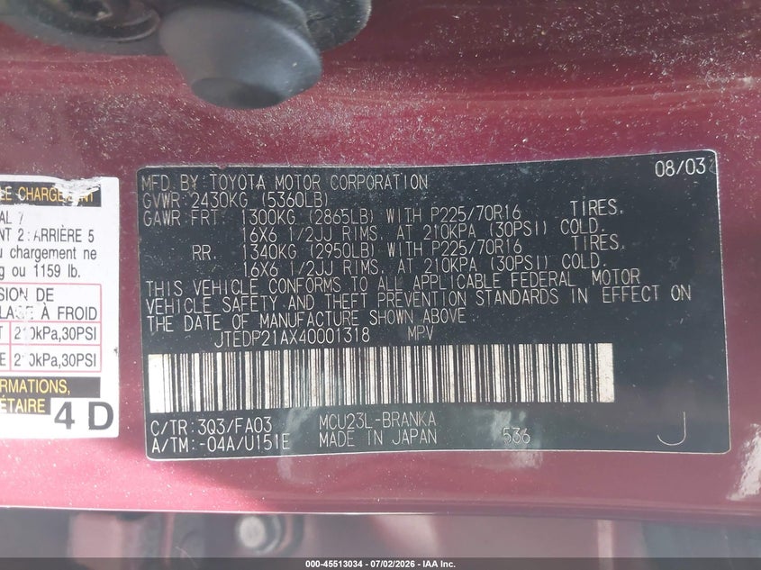 2004 Toyota Highlander VIN JTEDP21AX40001318 IAAI salvage auction — NORMAL WEAR, Clear (Virginia), sold $775 on 2026-07-14 (photo 9)