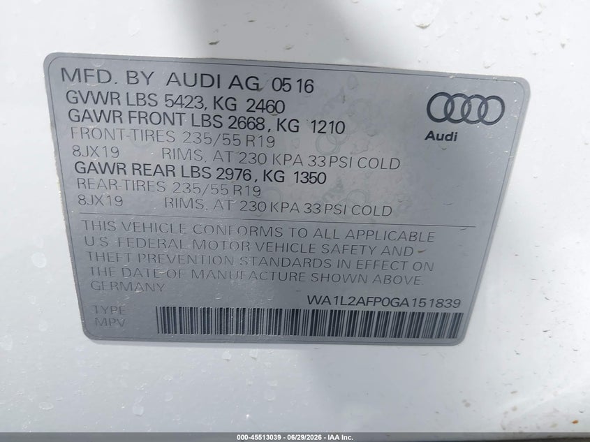 2016 Audi Q5 VIN WA1L2AFP0GA151839 IAAI salvage auction — FRONT END, Salvage Title, sold $3,050 on 2026-07-22 (photo 9)