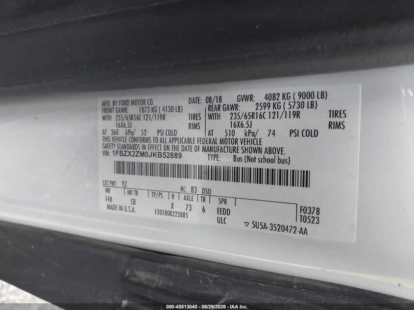 2018 Ford Transit-350 VIN 1FBZX2ZM0JKB52889 IAAI salvage auction — NORMAL WEAR, SF97 (Virginia), sold $17,000 on 2026-07-31 (photo 9)