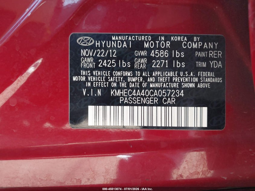 2012 Hyundai Sonata VIN KMHEC4A40CA057234 IAAI salvage auction — FRONT END, Salvage (Arizona), sold $600 on 2026-07-21 (photo 9)