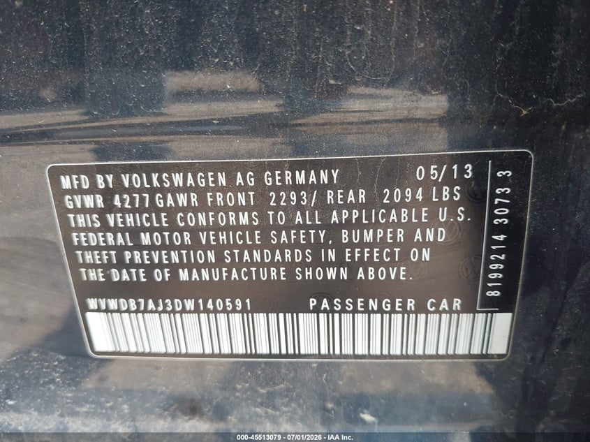 2013 Volkswagen Golf VIN WVWDB7AJ3DW140591 IAAI salvage auction — NORMAL WEAR, Clear (New York), sold $475 on 2026-07-30 (photo 9)