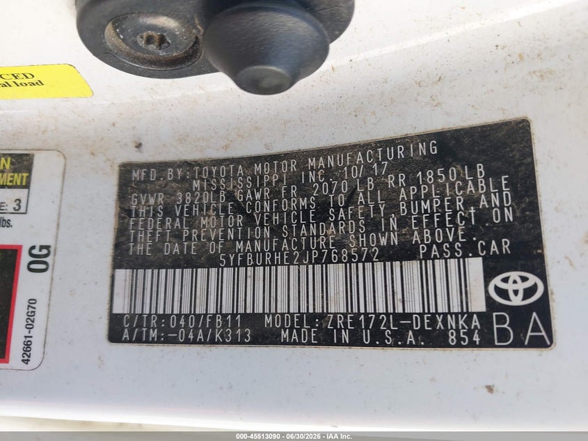 2018 Toyota Corolla VIN 5YFBURHE2JP768572 IAAI salvage auction — NORMAL WEAR, Clear (Mississippi), sold $2,350 on 2026-07-17 (photo 9)