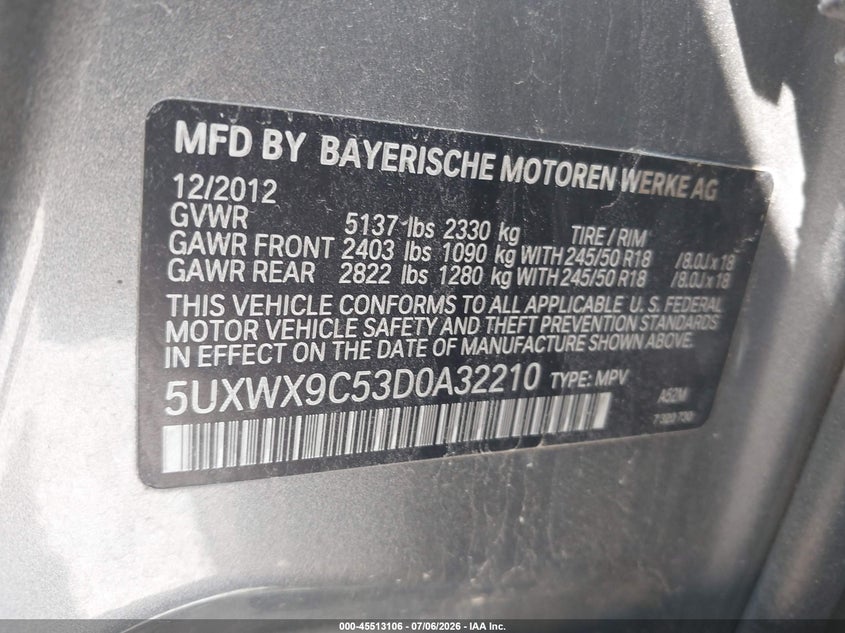 2013 BMW X3 VIN 5UXWX9C53D0A32210 IAAI salvage auction — NORMAL WEAR, Clear (Indiana), sold $600 on 2026-07-21 (photo 9)