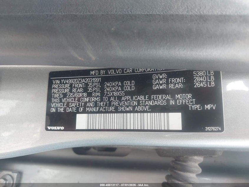 2010 Volvo Xc60 VIN YV4992DZ3A2031991 IAAI salvage auction — REAR END, Salvage (Ohio), sold $25 on 2026-07-29 (photo 9)