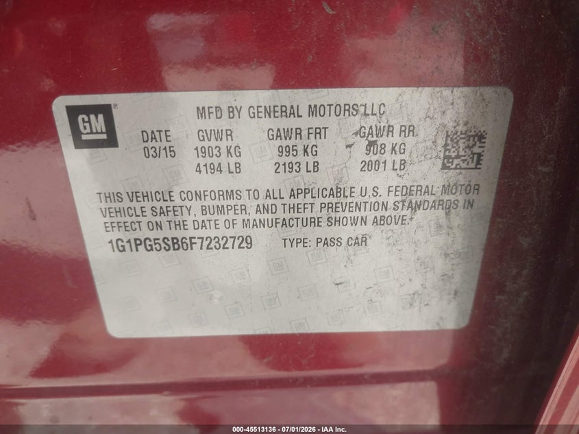 2015 Chevrolet Cruze VIN 1G1PG5SB6F7232729 IAAI salvage auction — SIDE, Salvage Title, sold $825 on 2026-07-12 (photo 9)