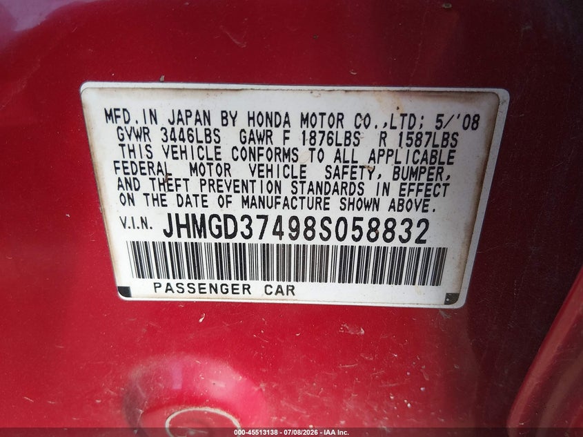 2008 Honda Fit VIN JHMGD37498S058832 IAAI salvage auction — ALL OVER, Salvage (Louisiana), sold $225 on 2026-07-18 (photo 9)