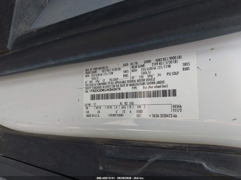 2018 Ford Transit-350 VIN 1FBZX2ZM3JKB42678 IAAI salvage auction — LEFT REAR, SF97 (Virginia), sold $18,200 on 2026-07-31 (photo 9)