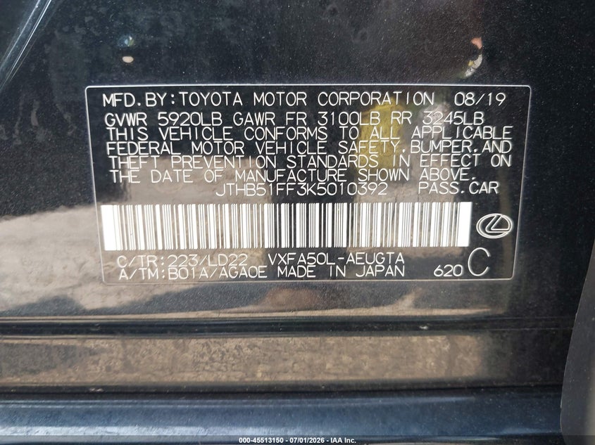 2019 Lexus Ls VIN JTHB51FF3K5010392 IAAI salvage auction — FRONT END, Salvage (North Carolina), sold $9,700 on 2026-07-30 (photo 9)