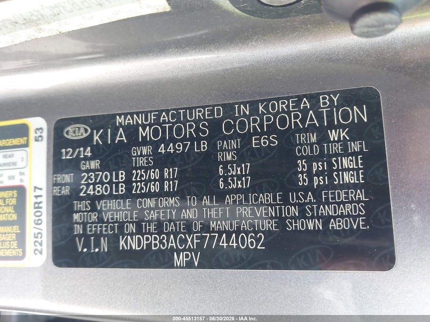 2015 Kia Sportage VIN KNDPB3ACXF7744062 IAAI salvage auction — NORMAL WEAR, Clear (Louisiana), sold $2,150 on 2026-07-28 (photo 9)