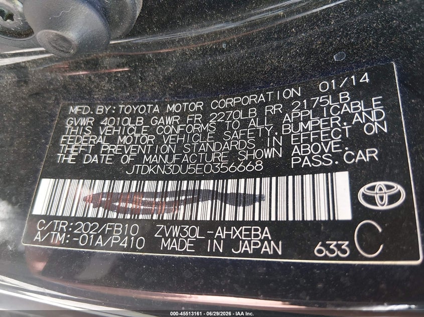 2014 Toyota Prius VIN JTDKN3DU5E0356668 IAAI salvage auction — NORMAL WEAR, Clear (Tennessee), sold $4,500 on 2026-07-09 (photo 9)