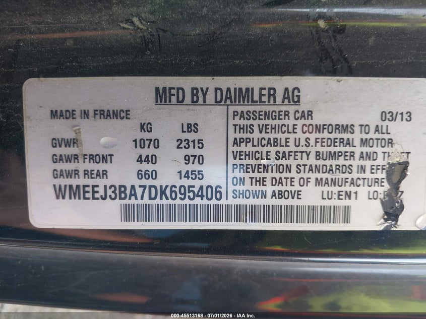 2013 Smart Fortwo VIN WMEEJ3BA7DK695406 IAAI salvage auction — NORMAL WEAR, Clear (Florida), sold $500 on 2026-07-07 (photo 9)