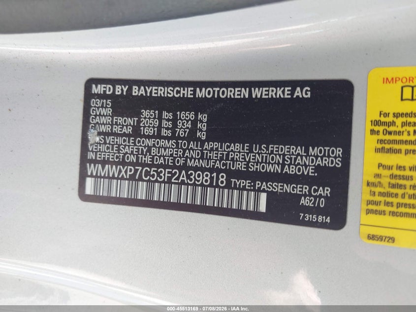 2015 Mini Hard top VIN WMWXP7C53F2A39818 IAAI salvage auction — HAIL, Salvage (Illinois), sold $2,000 on 2026-09-12 (photo 9)