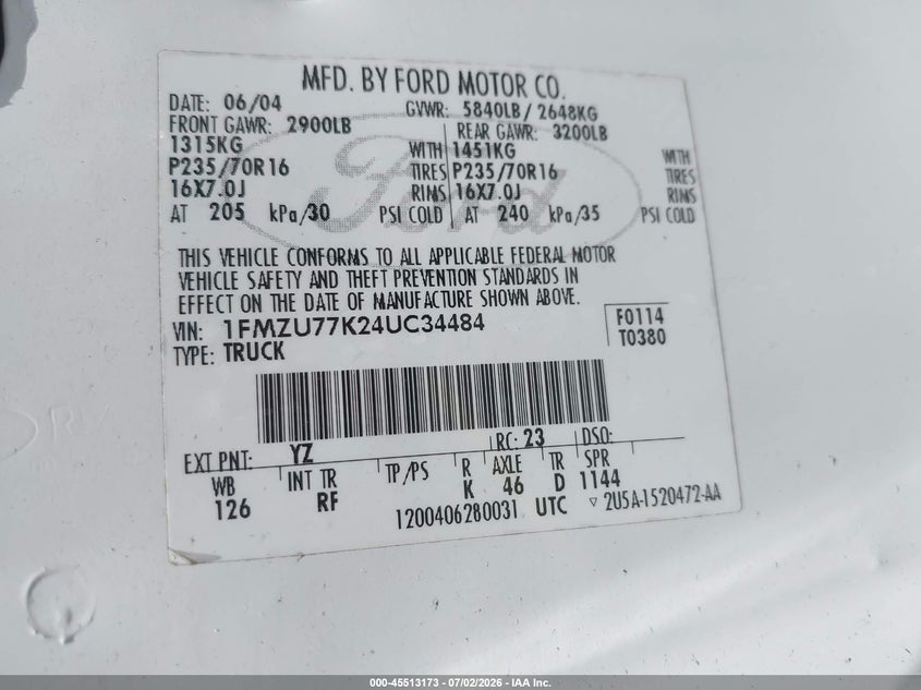 2004 Ford Explorer sport trac VIN 1FMZU77K24UC34484 IAAI salvage auction — NORMAL WEAR, Clear (Georgia), sold $850 on 2026-07-09 (photo 9)