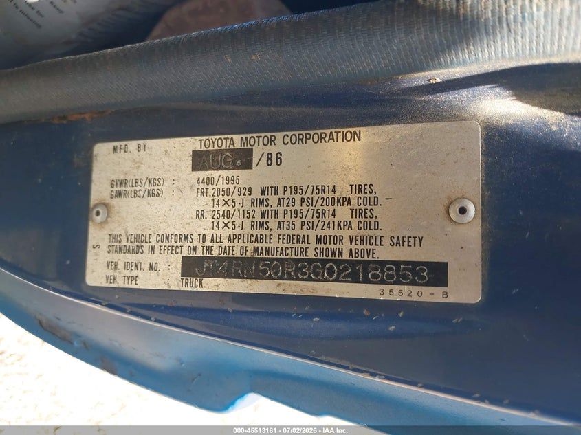 1986 Toyota Pickup VIN JT4RN50R3G0218853 IAAI salvage auction — RIGHT FRONT, Salvage (Idaho), sold $525 on 2026-07-28 (photo 9)