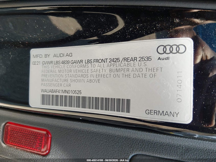2021 Audi A4 VIN WAUABAF41MN010525 IAAI salvage auction — FRONT END, Salvage (Massachusetts), sold $9,900 on 2026-09-03 (photo 9)