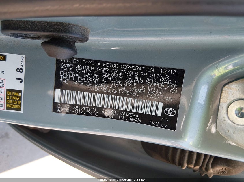 2014 Toyota Prius VIN JTDKN3DU0E1778860 IAAI salvage auction — NORMAL WEAR, Clear (Connecticut), sold $2,400 on 2026-07-09 (photo 9)
