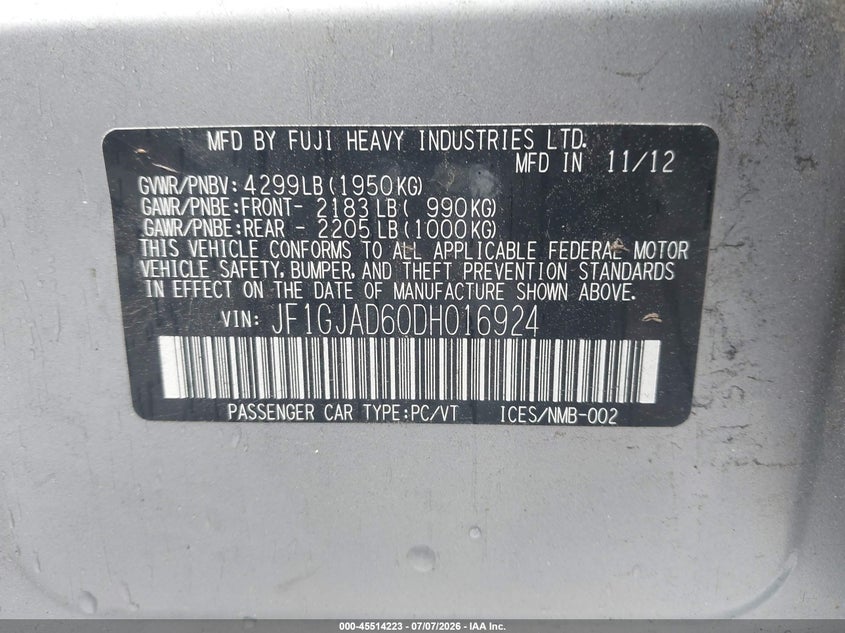 2013 Subaru Impreza VIN JF1GJAD60DH016924 IAAI salvage auction — FRONT END, Salvage (Rhode Island), sold $25 on 2026-07-28 (photo 9)