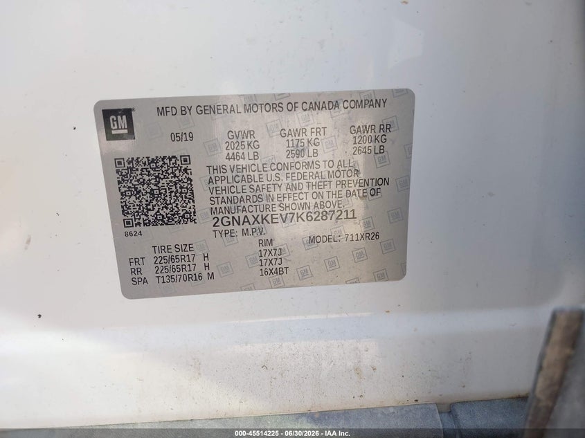 2019 Chevrolet Equinox VIN 2GNAXKEV7K6287211 IAAI salvage auction — FRONT END, Salvage (Indiana), sold $2,800 on 2026-07-29 (photo 9)