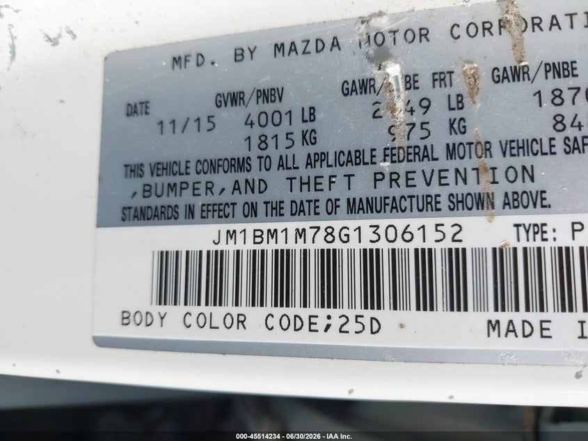 2016 Mazda 3 VIN JM1BM1M78G1306152 IAAI salvage auction — NORMAL WEAR, Clear (Indiana), sold $4,300 on 2026-07-15 (photo 9)